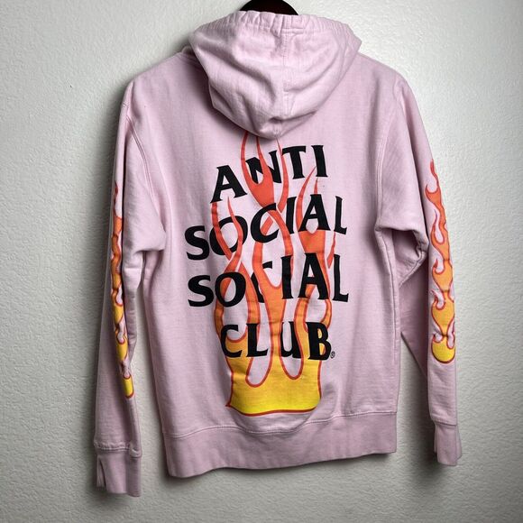 Anti Social Social Club Hoodie Small Pink Spellout Pull Over Streetwear Flames - Picture 7 of 11